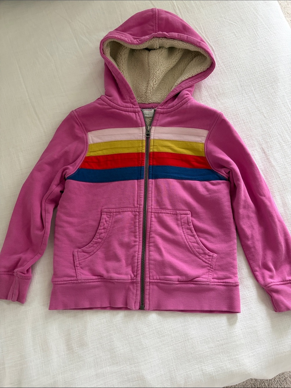 Hanna Andersson Pink Faux Shearling Hoodie with Rainbow Stripes 120cm/6-7